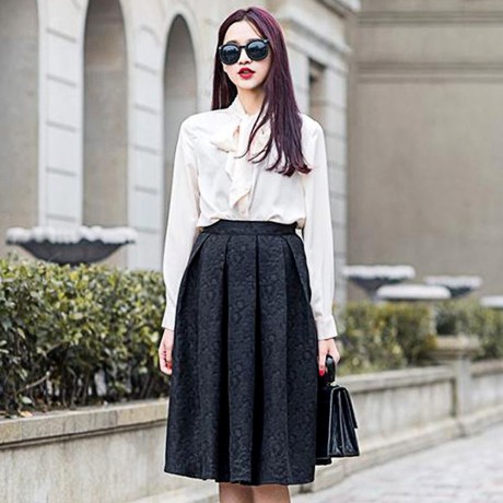 STYLISH HIGH WAIST PLEATED SHADOW STITCH MID-CALF PURE COLOR UMBRELLA SKIRT FOR WOMEN