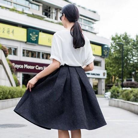 STYLISH HIGH WAIST PLEATED SHADOW STITCH MID-CALF PURE COLOR UMBRELLA SKIRT FOR WOMEN