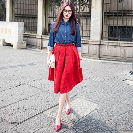 STYLISH HIGH WAIST PLEATED SHADOW STITCH MID-CALF PURE COLOR UMBRELLA SKIRT FOR WOMEN
