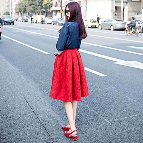 STYLISH HIGH WAIST PLEATED SHADOW STITCH MID-CALF PURE COLOR UMBRELLA SKIRT FOR WOMEN