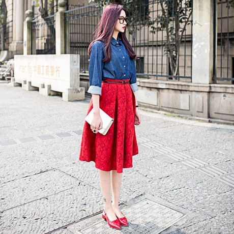 STYLISH HIGH WAIST PLEATED SHADOW STITCH MID-CALF PURE COLOR UMBRELLA SKIRT FOR WOMEN