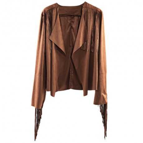 STREET STYLE TURN DOWN COLLAR LONG SLEEVE SOLID COLOR FRINGED COAT FOR WOMEN