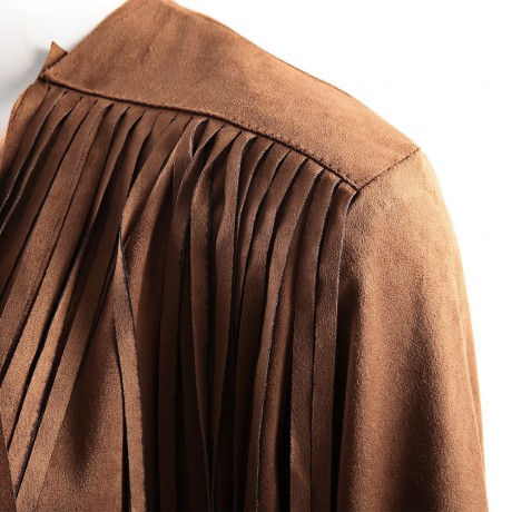 STREET STYLE TURN DOWN COLLAR LONG SLEEVE SOLID COLOR FRINGED COAT FOR WOMEN