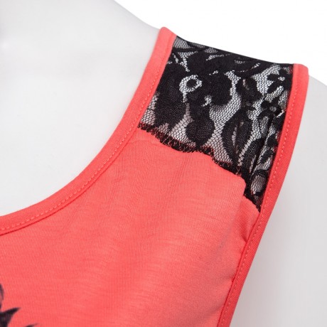 STYLISH ROUND COLLAR SLEEVELESS LACE PATCHWORK PRINT LOOSE T-SHIRT FOR WOMEN