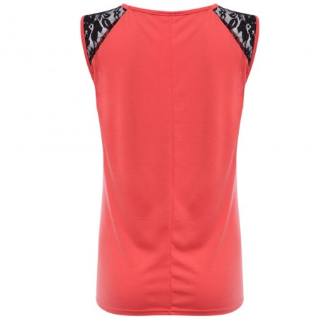 STYLISH ROUND COLLAR SLEEVELESS LACE PATCHWORK PRINT LOOSE T-SHIRT FOR WOMEN