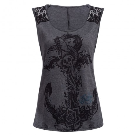 STYLISH ROUND COLLAR SLEEVELESS LACE PATCHWORK PRINT LOOSE T-SHIRT FOR WOMEN