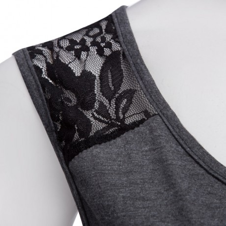 STYLISH ROUND COLLAR SLEEVELESS LACE PATCHWORK PRINT LOOSE T-SHIRT FOR WOMEN