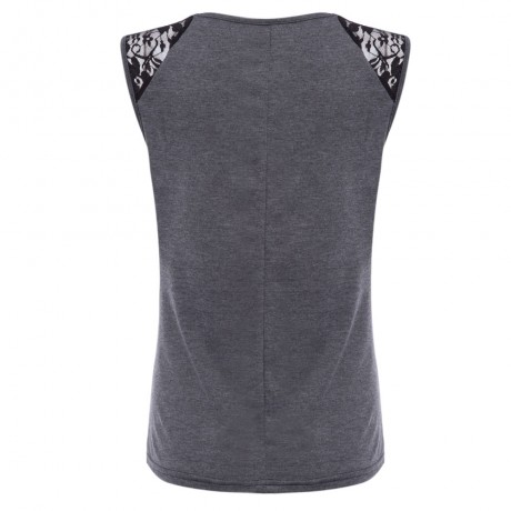 STYLISH ROUND COLLAR SLEEVELESS LACE PATCHWORK PRINT LOOSE T-SHIRT FOR WOMEN