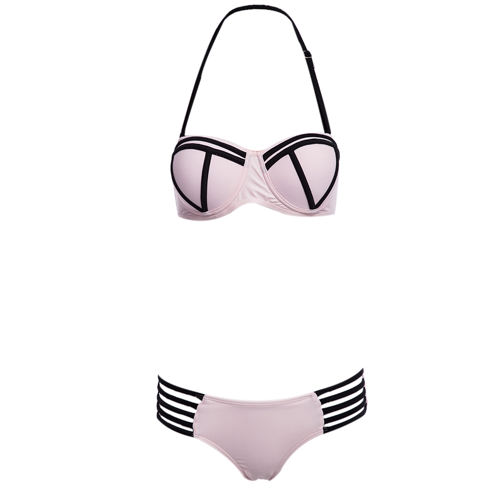 SEXY HALTER PADDED UNDERWIRE LACE-UP BRA   LOW ELASTIC WAIST HOLLOW OUT PATCHWORK COLOR BL