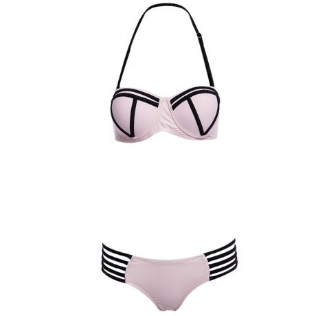 SEXY HALTER PADDED UNDERWIRE LACE-UP BRA   LOW ELASTIC WAIST HOLLOW OUT PATCHWORK COLOR BL