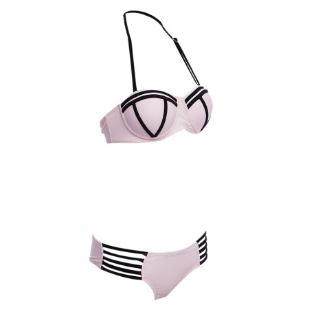 SEXY HALTER PADDED UNDERWIRE LACE-UP BRA   LOW ELASTIC WAIST HOLLOW OUT PATCHWORK COLOR BL