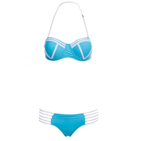 SEXY HALTER PADDED UNDERWIRE LACE-UP BRA   LOW ELASTIC WAIST HOLLOW OUT PATCHWORK COLOR BL