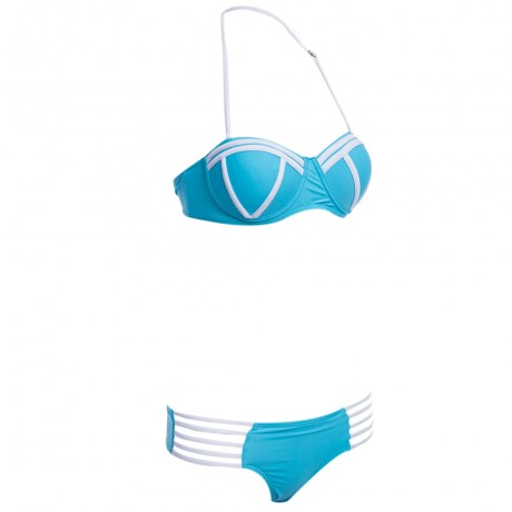 SEXY HALTER PADDED UNDERWIRE LACE-UP BRA   LOW ELASTIC WAIST HOLLOW OUT PATCHWORK COLOR BL