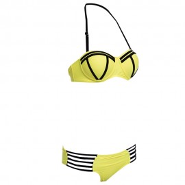 SEXY HALTER PADDED UNDERWIRE LACE-UP BRA   LOW ELASTIC WAIST HOLLOW OUT PATCHWORK COLOR BL