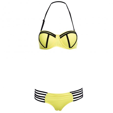 SEXY HALTER PADDED UNDERWIRE LACE-UP BRA   LOW ELASTIC WAIST HOLLOW OUT PATCHWORK COLOR BL