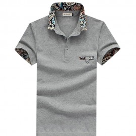 STYLISH TURN COLLAR SHORT SLEEVE SPLICED PRINTED SHEATHY SHIRT FOR MEN