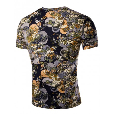 V NECK FLOWER PRINT SHORT SLEEVES T-SHIRT FOR MEN