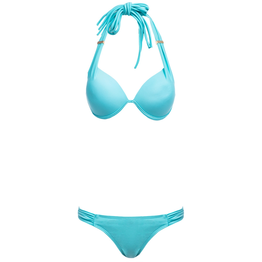 SEXY HALTER PUSH UP PURE COLOR BRA   LOW WAIST BRIEFS TWO PIECE BIKINI SET FOR WOMEN