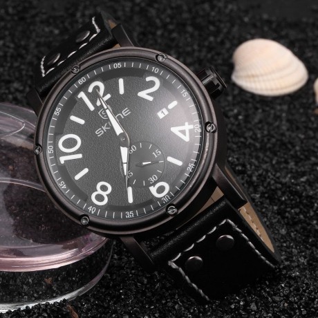 SKONE 9429EG MEN QUARTZ WATCH SECONDS SUB-DIAL DATE DISPLAY LEATHER STRAP WRISTWATCH WITH 