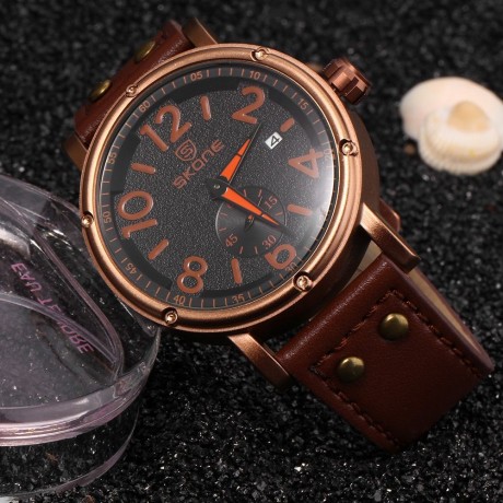 SKONE 9429EG MEN QUARTZ WATCH SECONDS SUB-DIAL DATE DISPLAY LEATHER STRAP WRISTWATCH WITH 