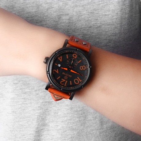 SKONE 9429EG MEN QUARTZ WATCH SECONDS SUB-DIAL DATE DISPLAY LEATHER STRAP WRISTWATCH WITH 