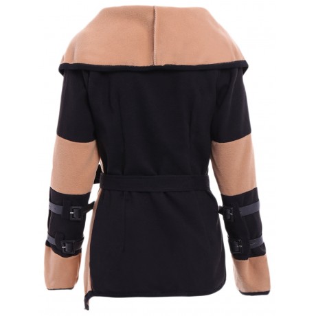 STYLISH TURN-DOWN COLLAR COLOR BLOCK LONG SLEEVE COAT FOR WOMEN