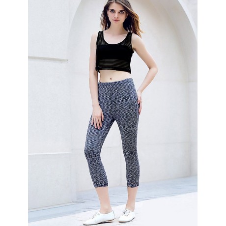 ACTIVE U-NECK STRIPES SEE-THROUGH TANK TOP   ELASTIC WAIST CAPRI LEGGINGS TWINSET FOR WOME