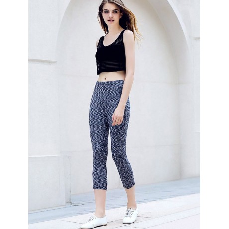 ACTIVE U-NECK STRIPES SEE-THROUGH TANK TOP   ELASTIC WAIST CAPRI LEGGINGS TWINSET FOR WOME