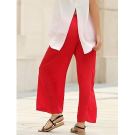 STYLISH ELASTIC WAIST STRAIGHT SOLID COLOR CHIFFON WIDE LEG PANTS FOR WOMEN