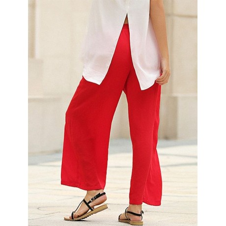 STYLISH ELASTIC WAIST STRAIGHT SOLID COLOR CHIFFON WIDE LEG PANTS FOR WOMEN