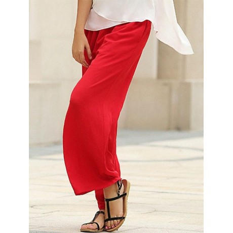 STYLISH ELASTIC WAIST STRAIGHT SOLID COLOR CHIFFON WIDE LEG PANTS FOR WOMEN