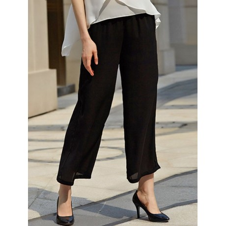 STYLISH ELASTIC WAIST STRAIGHT SOLID COLOR CHIFFON WIDE LEG PANTS FOR WOMEN