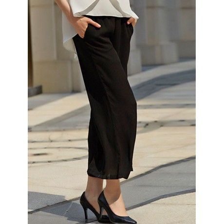 STYLISH ELASTIC WAIST STRAIGHT SOLID COLOR CHIFFON WIDE LEG PANTS FOR WOMEN