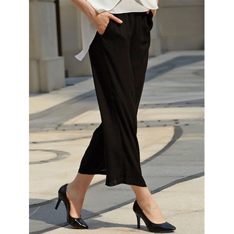 STYLISH ELASTIC WAIST STRAIGHT SOLID COLOR CHIFFON WIDE LEG PANTS FOR WOMEN
