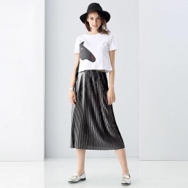 STYLISH ROUND COLLAR SHORT SLEEVE ANIMAL PRINT SIDE TASSEL COLOR BLOCK CROP TOP FOR WOMEN