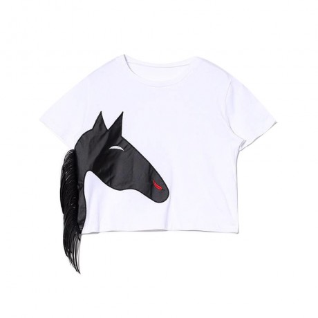 STYLISH ROUND COLLAR SHORT SLEEVE ANIMAL PRINT SIDE TASSEL COLOR BLOCK CROP TOP FOR WOMEN
