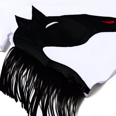 STYLISH ROUND COLLAR SHORT SLEEVE ANIMAL PRINT SIDE TASSEL COLOR BLOCK CROP TOP FOR WOMEN