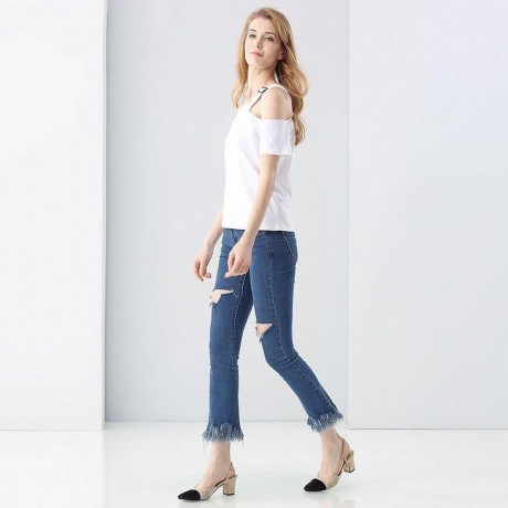 CASUAL OFF THE SHOULDER SHORT SLEEVE HOLLOW OUT SLIM T-SHIRT FOR WOMEN
