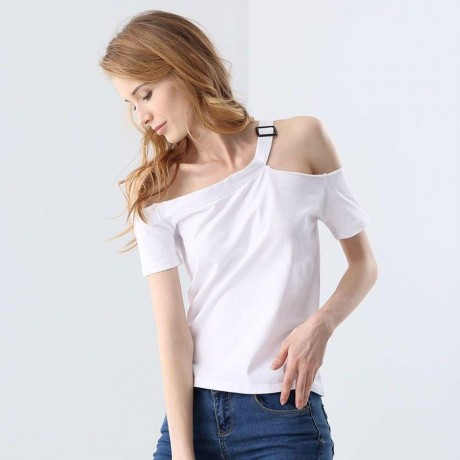 CASUAL OFF THE SHOULDER SHORT SLEEVE HOLLOW OUT SLIM T-SHIRT FOR WOMEN