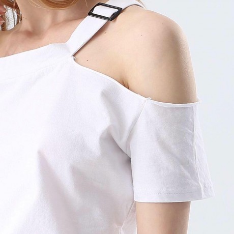 CASUAL OFF THE SHOULDER SHORT SLEEVE HOLLOW OUT SLIM T-SHIRT FOR WOMEN