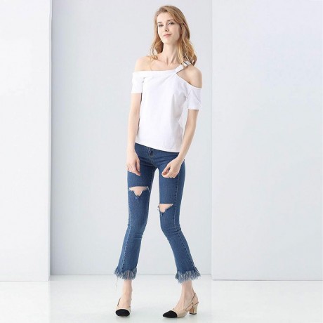 CASUAL OFF THE SHOULDER SHORT SLEEVE HOLLOW OUT SLIM T-SHIRT FOR WOMEN