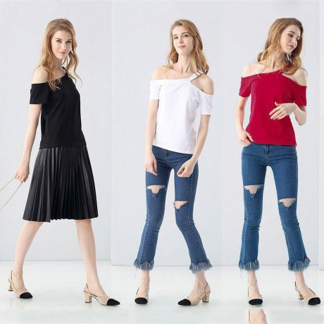 CASUAL OFF THE SHOULDER SHORT SLEEVE HOLLOW OUT SLIM T-SHIRT FOR WOMEN