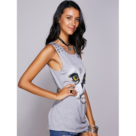 CASUAL SCOOP NECK PRINTED STUDDED TEE FOR WOMEN