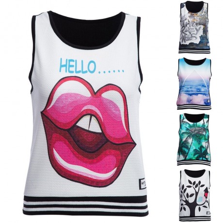 TRENDY ROUND COLLAR SEELELESS PRINT SLIM TANK TOP FOR WOMEN