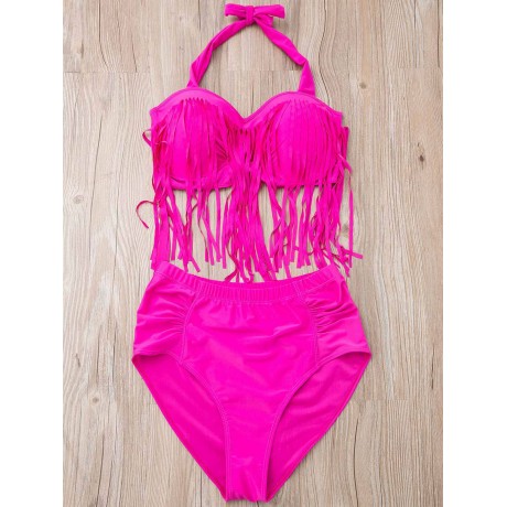 SOLID COLOR HIGH-WAISTED FRINGE DESIGN PLUS SIZE WOMEN'S BIKINI SET (BLACK, SIZE L/XL/2XL/