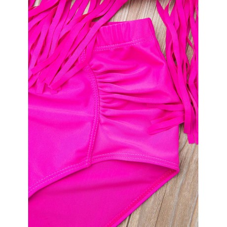 SOLID COLOR HIGH-WAISTED FRINGE DESIGN PLUS SIZE WOMEN'S BIKINI SET (BLACK, SIZE L/XL/2XL/