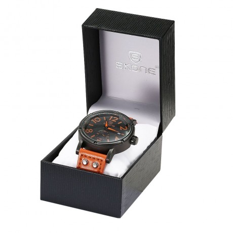 SKONE 9429EG MEN QUARTZ WATCH SECONDS SUB-DIAL DATE DISPLAY LEATHER STRAP WRISTWATCH WITH 