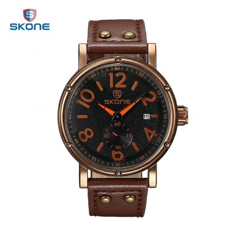 SKONE 9429EG MEN QUARTZ WATCH SECONDS SUB-DIAL DATE DISPLAY LEATHER STRAP WRISTWATCH WITH 