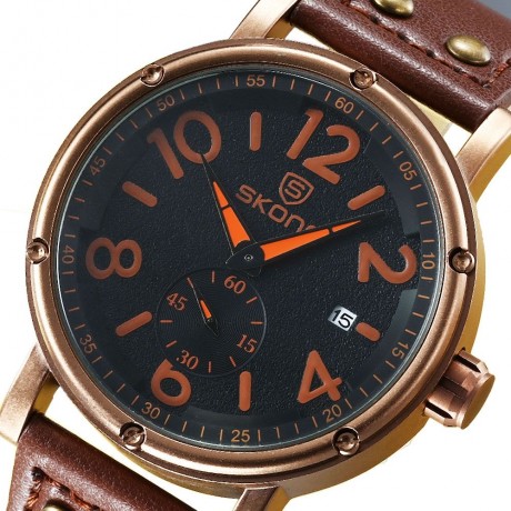 SKONE 9429EG MEN QUARTZ WATCH SECONDS SUB-DIAL DATE DISPLAY LEATHER STRAP WRISTWATCH WITH 