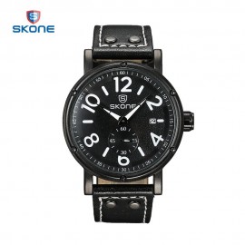 SKONE 9429EG MEN QUARTZ WATCH SECONDS SUB-DIAL DATE DISPLAY LEATHER STRAP WRISTWATCH WITH 